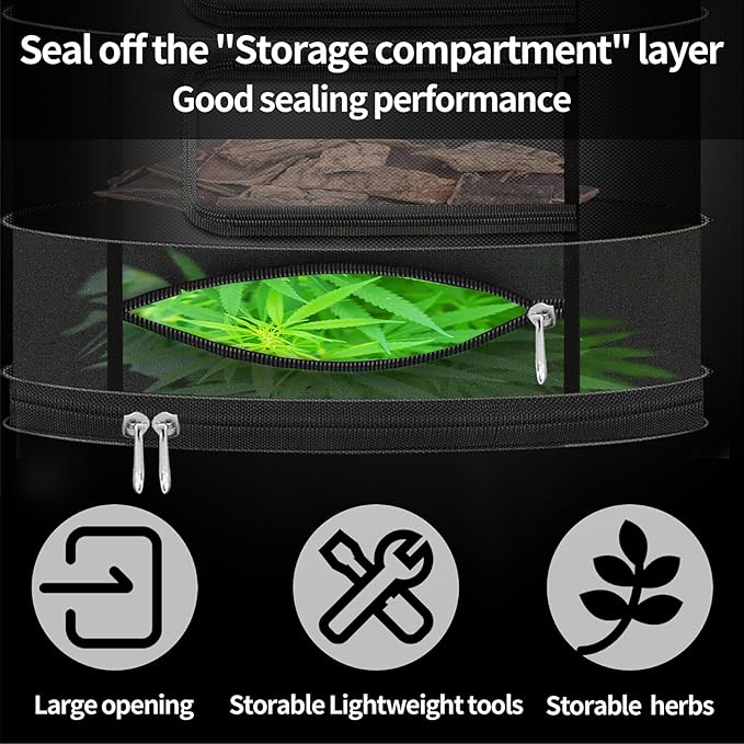 Herb Drying Rack Hanging Mesh Net，8+1 Layer Plant Drying Rack with Door-Type Zipper & Closed Storage Compartment for Folding Basket Dryer Fit in Grow Tents、Garden Outdoor
