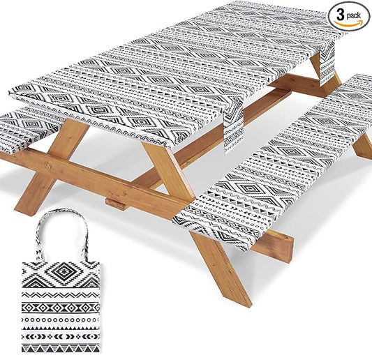 Picnic Table Cover with Bench Covers Non Slip Waterproof Vinyl Tablecloth for 8 Foot Rectangle Tables Gardening Needs Camping Rv Roadtrip Items for Tent Camper Gift for Teen Woman Man