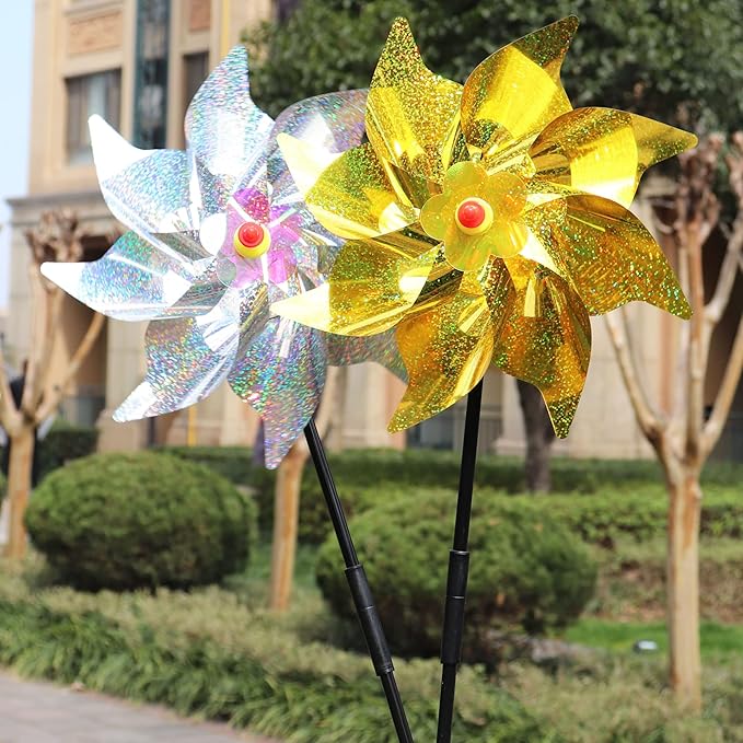 Sparkly Reflective Pinwheels with Stakes, Colorful Wind Spinners Outdoor Bird Scare Devices, Foil Pin Wheel Holographic Whirl Windmill for Yard Garden Decor Garden Wind Spinner 6 Packs