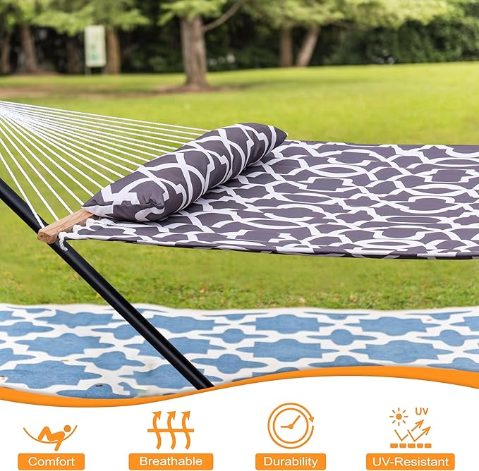 Lazy Daze Quilted Fabric Hammock with 12-Foot Stand, Double 2-Person Hammock with Pillow for Outdoor Outside Patio, Garden, Backyard, 450LB Capacity, Gray Print