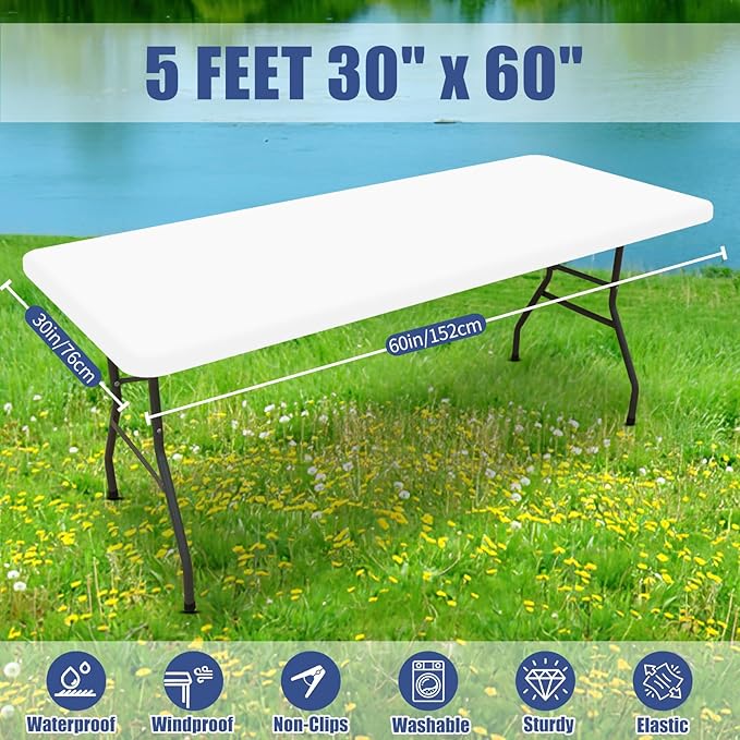 Spandex Picnic Table Cloth 2 Pack, Elastic Fitted Tablecloths for 5 Foot Rectangle Tables, Stretch Washable Patio Table Cover for Outdoor, Camping, Banquet and Parties (White, 30"x60")