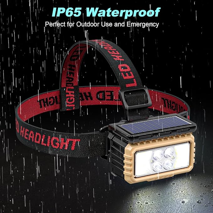 Solar Headlamps for Camping, Rechargeable LED Headlight for Adults with Motion Sensor, Six Adjustable Lighting Modes, Waterproof and Lightweight, Flashlight for Cycling, Hiking, Fishing(1-Pack,black)