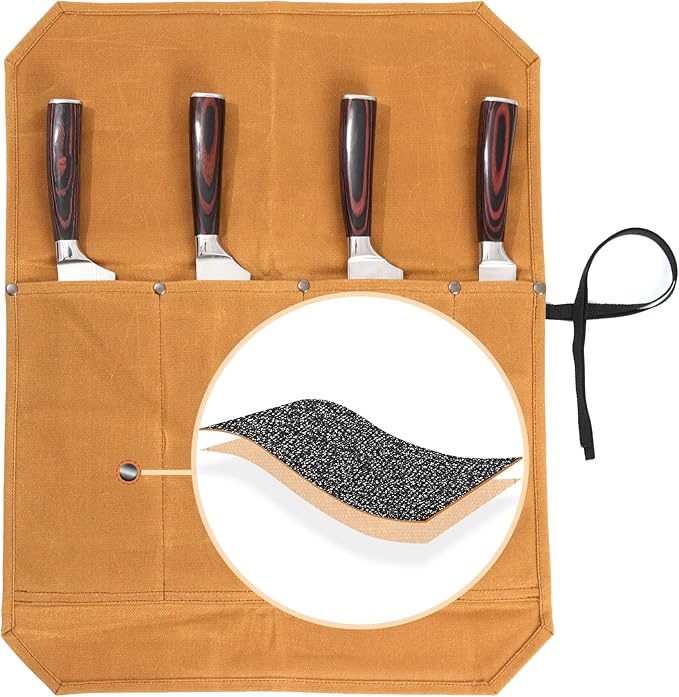 Knife Roll Bags, 16oz Waxed Canvas Knife Holder (4 Slots & Specialized Anti Cutting Fabric), Multi-Purpose Knife Pouch with Tie Rope, Khaki