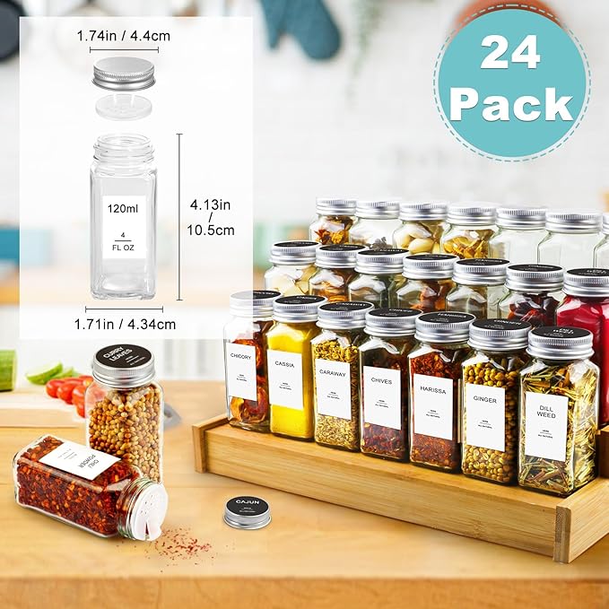 AISIPRIN 24 Pcs Glass Spice Jars with Labels, 4oz Small Empty Square Seasoning Containers Bottles - Shaker Lids, Funnel, Brush,469 Labels and Marker Included