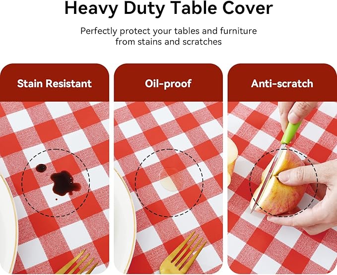 Romanstile Rectangle Vinyl PVC Tablecloth, 100% Waterproof Buffalo Plaid Plastic Table Cloth, Oil Proof Heavy Duty Wipeable Table Covers for Dining/Camping/Picnic/Outdoor - 54 x 108, Red and White