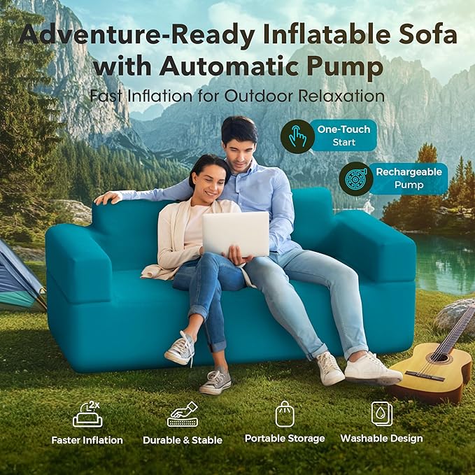 Inflatable Sofa Blow Up Sofa with Built-in Pump, Multifunctional Portable Air Couch for Camping, Inflatable Couch for Camping with Backrest Suitable for Home Outdoor and Guests (Blue)