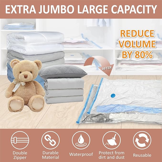 8 Pack XXL Jumbo Vacuum Storage Bags, Extra Large Vacuum Seal Bags for Comforters, Bedding, Blanket Storage, Giant Space Saver Bags for Huge Stuffed Toy(47.2x35 in)