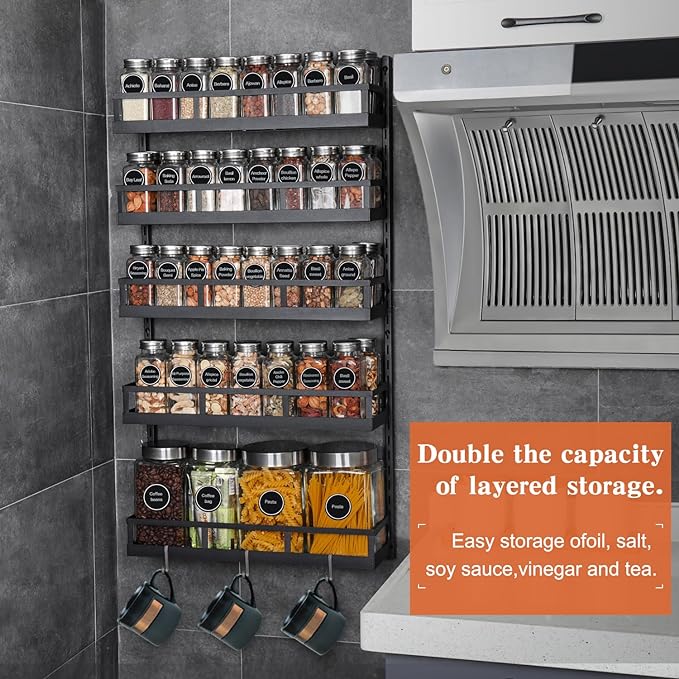 X-cosrack Wall Mount Spice Rack Organizer 5 Tier Height-Adjustable Hanging Spice Shelf Storage for Kitchen Pantry Cabinet, Dual-Use Seasoning Holder Rack with Hooks, Black-Patented