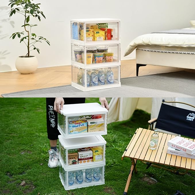 Stackable Plastic Storage Bins with Lids, Foldable Closet Organizers and Storage, 3 Drawer Storage Organizer，Clear Stackable Containers for Wardrobe,Bedroom,Office,Dorm