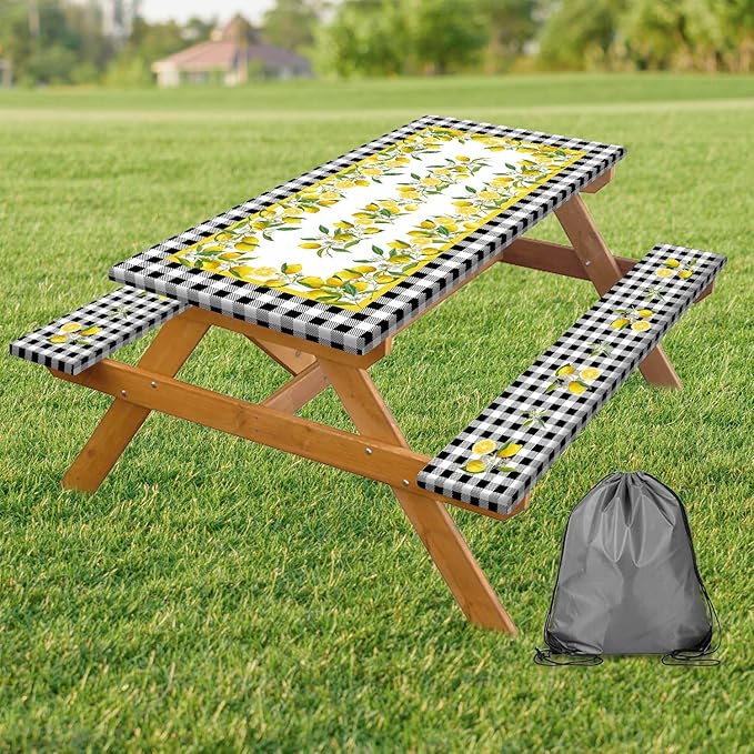 Picnic Table Cover with Bench Covers, Lemon & Black-White Gingham , Elastic Edges, Waterproof Windproof Fitted, for Outdoor Camping Patio Garden, with Drawstring Bag, 72 in