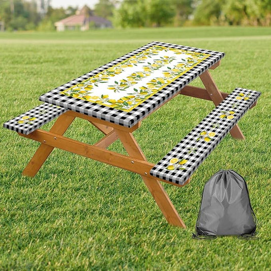 Picnic Table Cover with Bench Covers, Lemon & Black-White Gingham , Elastic Edges, Waterproof Windproof Fitted, for Outdoor Camping Patio Garden, with Drawstring Bag, 72 in