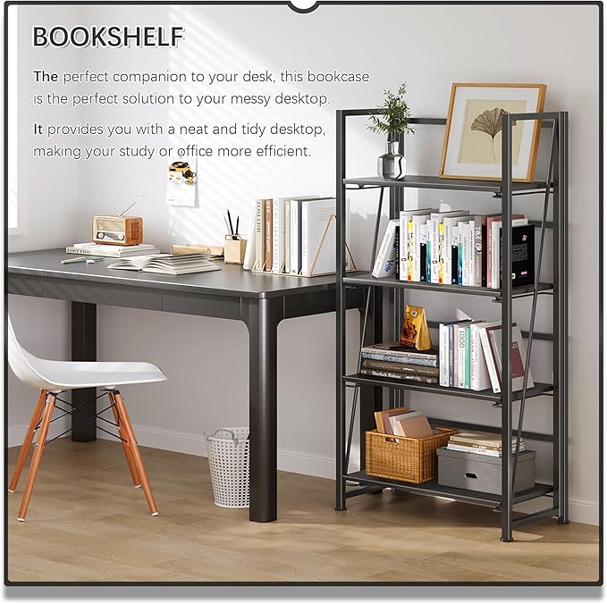4NM No-Assembly Folding Bookshelf Storage Shelves 4 Tiers Vintage Bookcase Standing Racks Study Organizer Home Office (All Black)