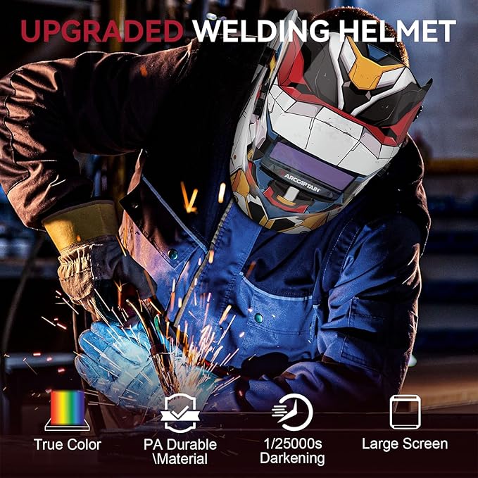 ARCCAPTAIN Welding Helmet Auto Darkening, 1/1/1/1 True Color Welding Hood, 4 Arc Sensor 1/25000s Response Time Solar Powered Weld Hood Helmet, MobileFighter