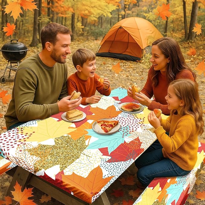 Picnic Table Cover with Bench Covers Elastic Edges, Fall Leaves Fitted Table Cover, Outdoor Patio Camping Essentials 72 Inch 3PCS, Waterproof Camping Fitted Tablecloth with Drawstring Bag
