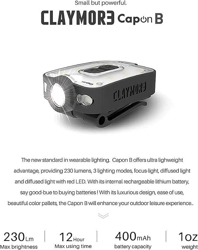 Claymore Capon 40B (Red) - LED Rechargeable Clip-On Cap Headlamp, Lightweight Hat Light for Camping, Running, Hiking, Emergency & Industrial Use, Waterproof, USB-C, Up to 12 Hours of Battery Life.