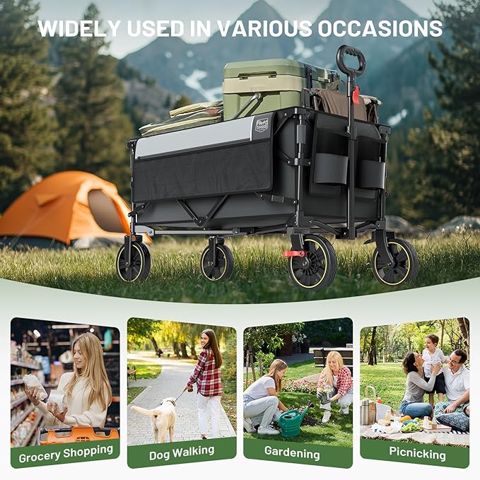 TIMBER RIDGE Collapsible Wagon Cart with Brakes, 200L Large Capacity Compact Portable Easy to Carry Folding Wagon, Utility Grocery Cart for Camping, Gardening, Shopping