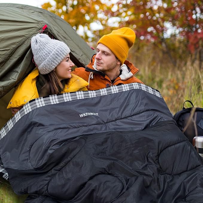 Double Sleeping Bag for Adults Machine Washable 2 Person Camping Sleeping Bag Queen Size Waterproof with Compression Sack for Cold Weather 3-4 Seasons