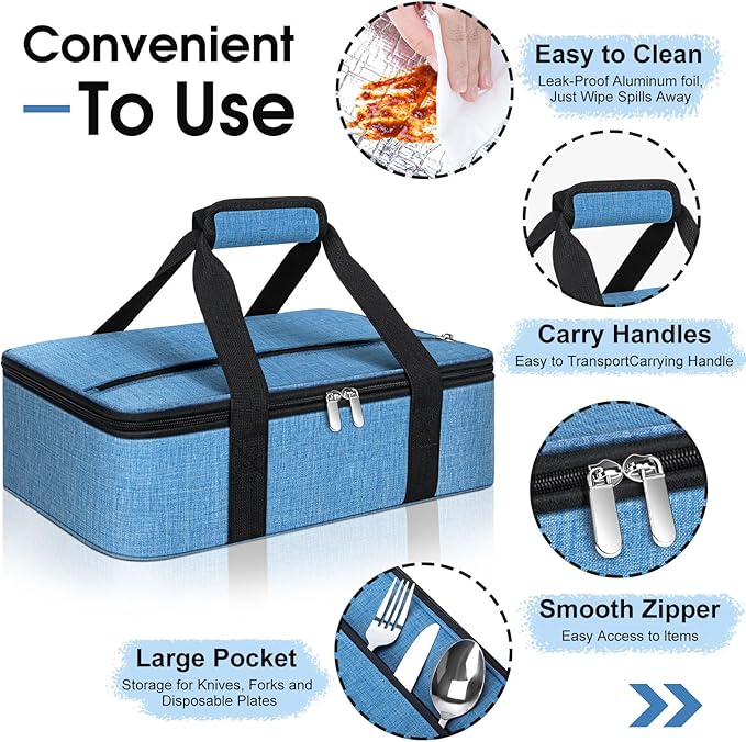 Insulated Casserole Carrier, Portable Casserole Carrier for Hot or Cold Food Lunch Tote Warmer or Cooler Bag, Lasagna Lunch Bag for Potluck Parties- Fits 9" x 13" Baking Dish-Azure