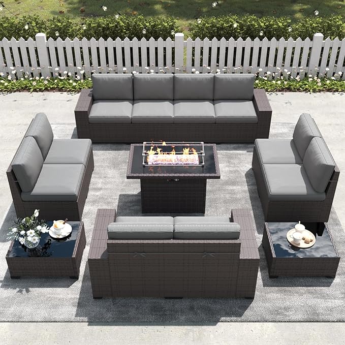 LayinSun 13 Pieces Outdoor Patio Furniture Set with 44" Fire Pit Table Brown Rattan Sectional Sofa Conversation Sets