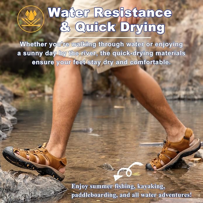 Men's Sport Sandals Closed Toe Leather Hiking Athletic Walking Outdoor Beach Trail River Fishing Water Shoes Lightweight Comfortable Waterproof