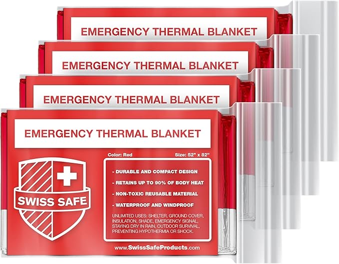 Swiss Safe 4 Pack Mylar Emergency Blankets for Survival - Compact & Insulated for Cold Weather - Designed for NASA, Outdoor, Running, Camping, Survival, First Aid Car Kit - Red, 4 Pack