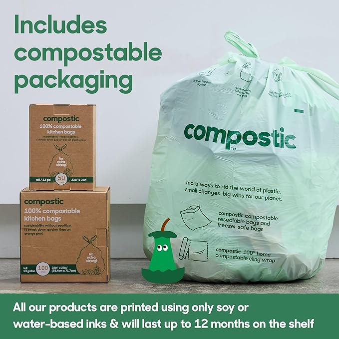 Home Compostable Trash Bags, 13 Gallon Tall Kitchen Rubbish Bags (23” x 29”), Extra Strong & Quickly Breaks Down, 100 Count