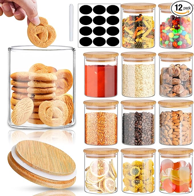 SLifeJars - Glass Jars with Bamboo Lids 16 oz, 12pcs Glass Food Storage Jars with Rewritable Labels, Bamboo Lid Jar for Kitchen Storage, Food Storage Containers with Lids for Herbs