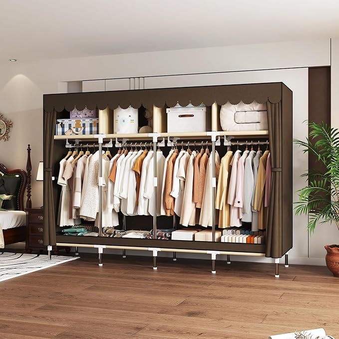 Portable Wardrobe Closet Durable and Easy to Assemble Heavy Duty Clothes Rack with Non-Woven Cover Fabric Best for Bedroom and Easy Storage and Organization (Brown-B)