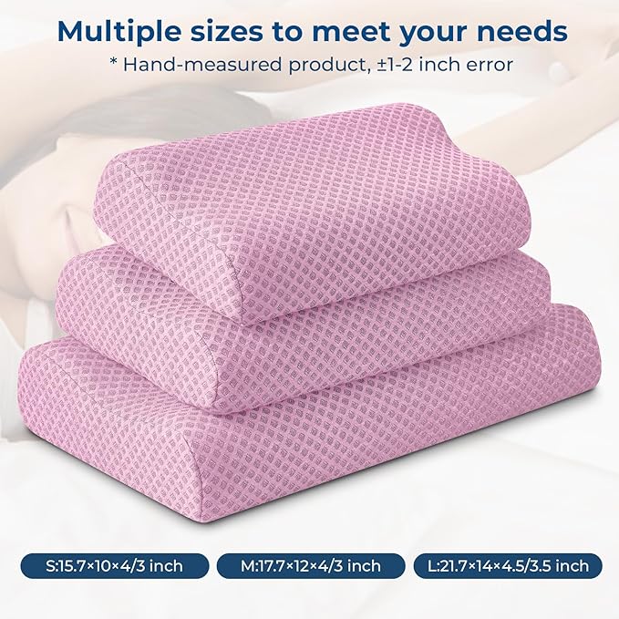 Travel Pillow Memory Foam Pillows, Ergonomic Wave Cervical Neck Pillow for Neck Pain Relief, Compressible Medium Firm Side Sleeper Pillow, Ideal for Camping, Office, Home & Bed (Pink, M)