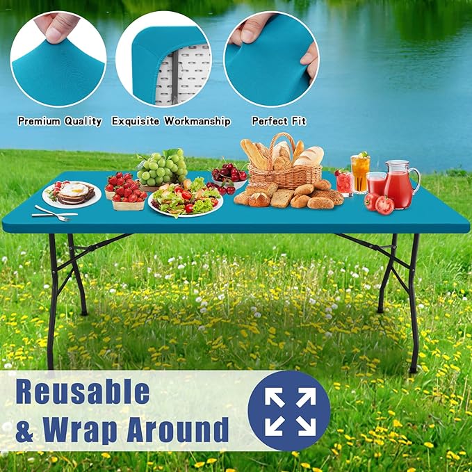 Spandex Picnic Table Cloth 2 Pack, Elastic Fitted Tablecloths for 4 Foot Rectangle Tables, Stretch Washable Patio Table Cover for Outdoor, Camping, Banquet and Parties (Teal, 24"x48")