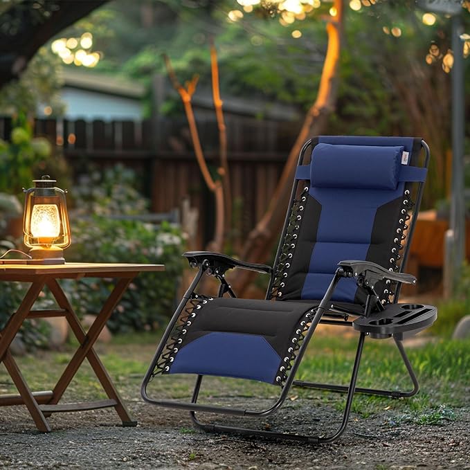MAISON ARTS Oversized XXL Padded Zero Gravity Chair, Lawn Outdoor Lounge Chairs Set of 2, Foldable Recliners 28" Wide Seat Anti-Gravity for Patio Camping Poolside Yard, Support 400lbs, Blue & Black