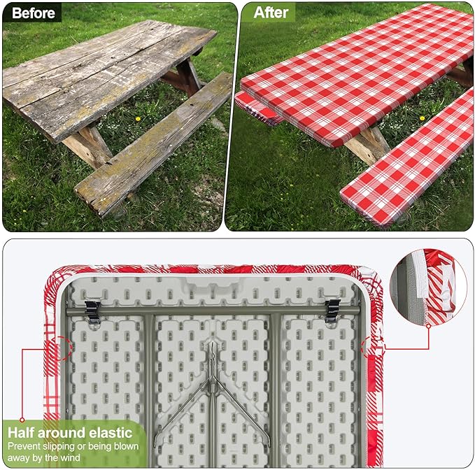Picnic Table Cover with Bench Covers Camping Essentials Waterproof Windproof Camping Tablecloth with Drawstring Bag, Fitted Rectangle Tables and Seats, 96in, Red Checkered