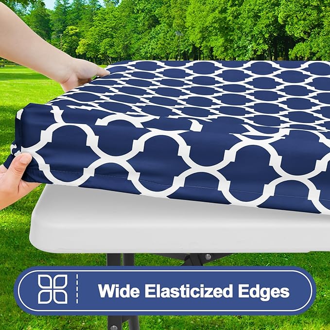 Smiry Picnic Table Cover with Bench Covers, Waterproof Elastic Fitted Tablecloth for 8 Foot Tables, Washable Polyester Tablecloths for Camping, Indoor & Outdoor (Navy Morocco, 30x96 Inch 3-pc Set)