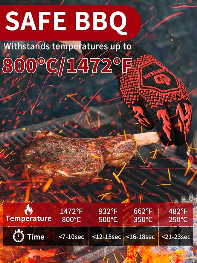 BBQ Oven Gloves, 1472℉ 3-Layers Heat Resistant Oven Mitts Silicone Non-Slip Cooking Gloves for Barbecue, Grilling, Baking, Welding, Smoker (A Pair) (Red)