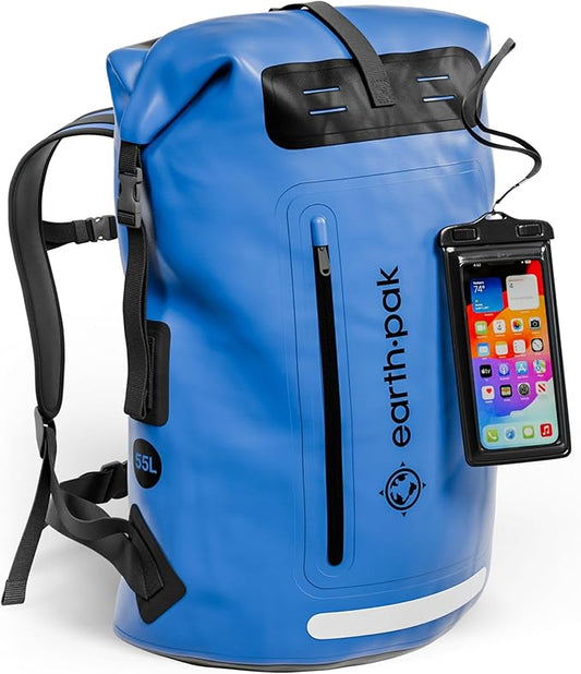 Earth Pak Waterproof Backpack - Heavy Duty Hiking Backpack - Roll-Top Closure Bag - Cushioned Dry Bag Waterproof Phone Case
