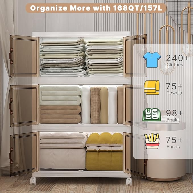 Extra Large Stackable Storage Binswith lids & Wheels, Foldable Collapsible Closet Organizers,504QT-168QT/42GAL*3Pack Plastic Containers with door & drawers for bedroom Dorm