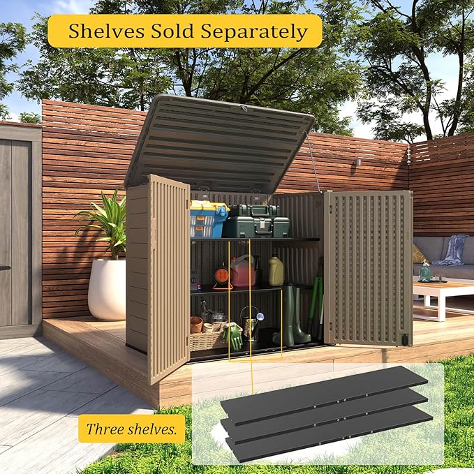 HOMSPARK Storage Shed Weather Resistance, Multi-Purpose Outdoor Storage Cabinet Waterproof, Outdoor Storage Cabinet for Bike, Garbage Cans, Lawnmower, Garden Accessories (coffee, Extra Large-48 cu ft)