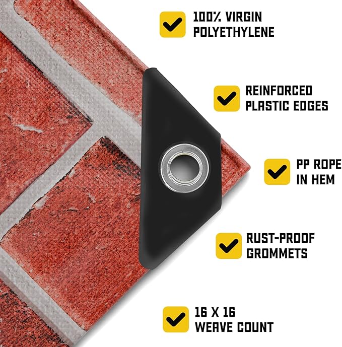 Core Tarps Extreme Heavy Duty 20 Mil Tarp Cover, Waterproof, UV Resistant, Rip and Tear Proof, Poly Tarpaulin with Reinforced Edges for Roof, Camping, Patio, Pool, Boat (Bricks/Black 6′ X 8′)