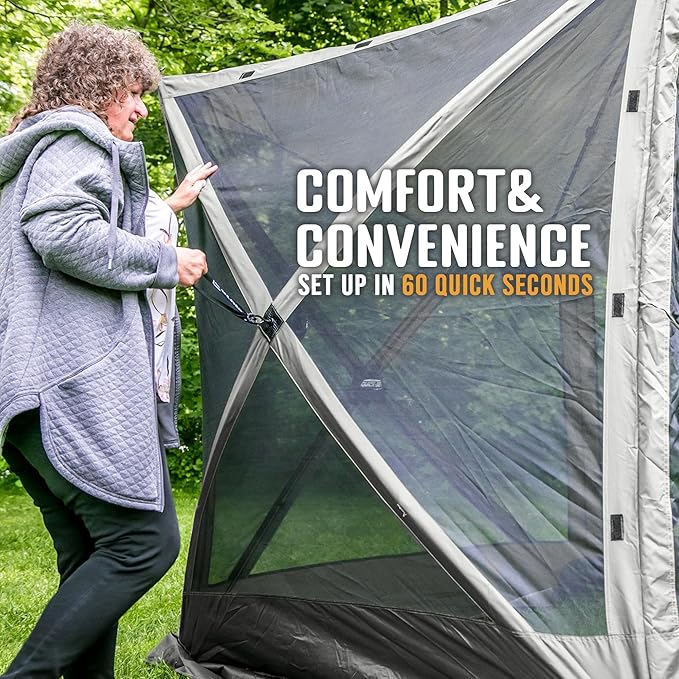 CLAM Pop Up Screen Tent, Outdoor Camping Gazebo Canopy, Pavilion, 12.5', Gray - Heavy-Duty Portable Screened Shelter with Netting for Beach, Patio, and Backyard