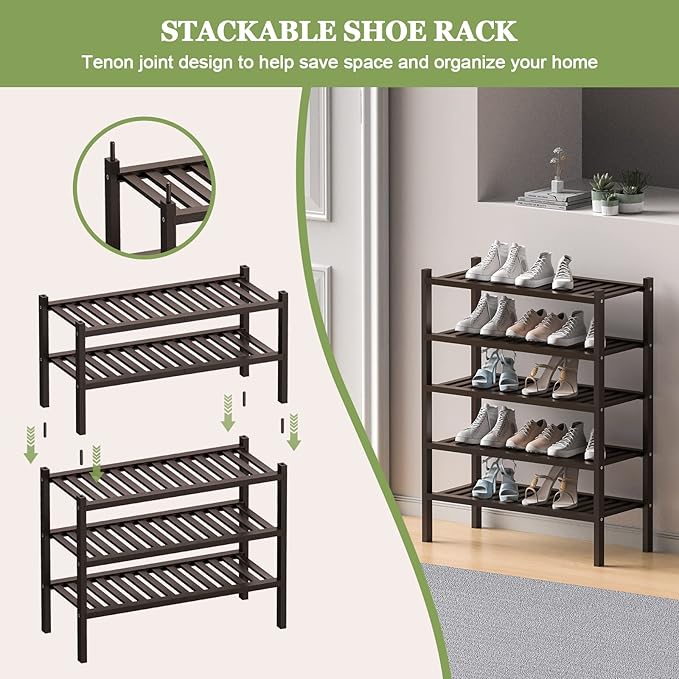 2 Tier (Thick) Bamboo Shoe Rack for Closet Free Standing Wood Shoe Shelf for Entryway Small Space Stackable 27"x12"x14" (Black Brown)