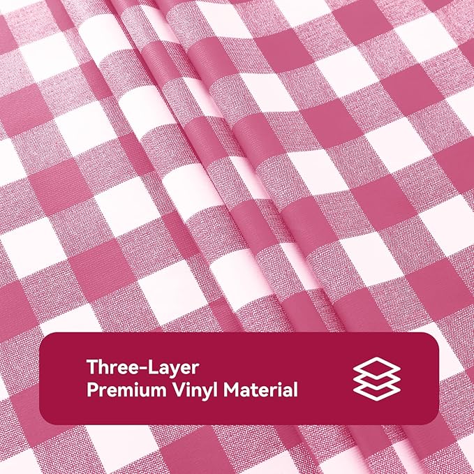 Romanstile Square Vinyl PVC Tablecloth, 100% Waterproof Buffalo Plaid Plastic Table Cloth, Oil Proof Heavy Duty Wipeable Table Covers for Dining/Camping/Picnic/Outdoor - 54 x 54, Hot Pink