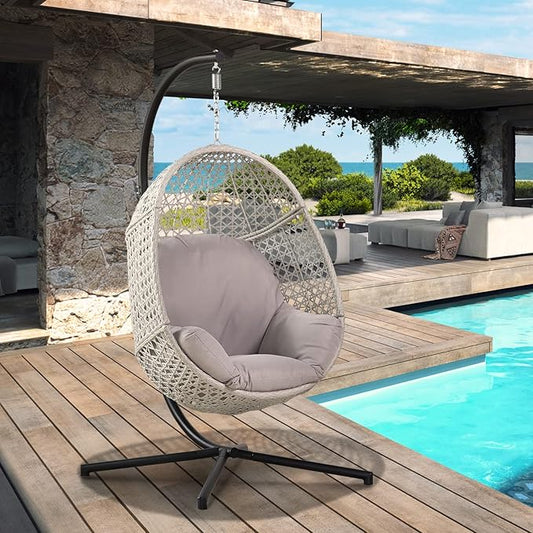 PRIVATE GARDEN Indoor Outdoor Hammock Egg Chair with Stand Large Hanging Chair Wicker Rattan Swing Chair with Removable Cushion 330LBS Capacity for Bedroom Patio Balcony