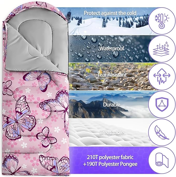 Sleeping Bags for Adults and Kids，3D Printing Camping Sleeping Bag for Girls Boys Lightweight Waterproof Cold/Warm 3-Season，Outdoor Travel with Compression Bags