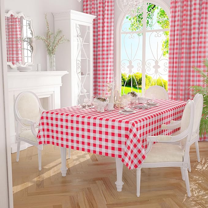 misaya Rectangle Waterproof Vinyl Table Cloth, Buffalo Flannel Backed Tablecloth, Wipeable Plastic Table Cover for Dinner, Kitchen, Outdoor (60" x 144", Red and White)