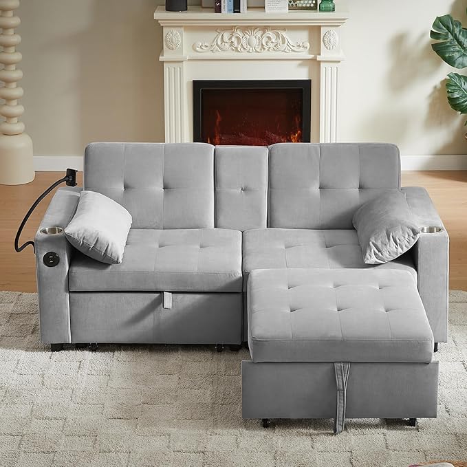 66" Multi-Functional Pull-Out Sofa Bed with Hidden Side Table, Storage Armrests, Built-in Charging Port, Spring Mattress, Solid Wood Frame – Ideal for Small Spaces, Easy Assembly