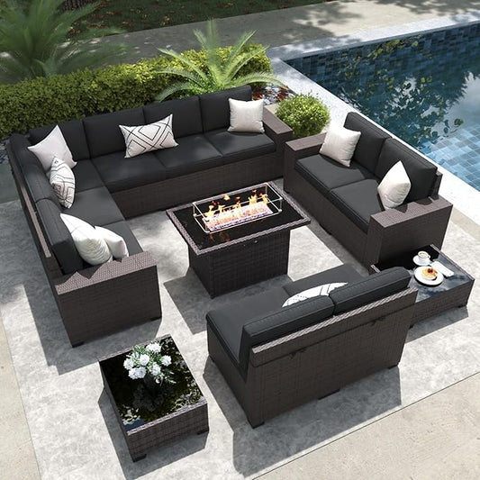 LayinSun 13 Pieces Outdoor Patio Furniture Set with 44" Fire Pit Table Brown Rattan Sectional Sofa Conversation Sets