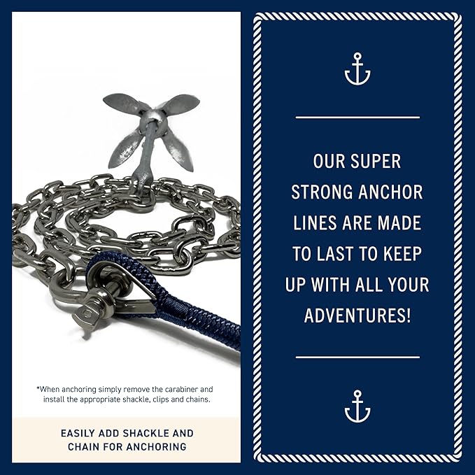 RainierSupplyCo Boat Anchor Rope - Double Braided Marine Rope Anchor Line - 50 ft x 1/4 Inch Nylon Boating Line with 316 Stainless Steel Thimble and Heavy Duty Marine Grade Snap Hook - Navy Blue