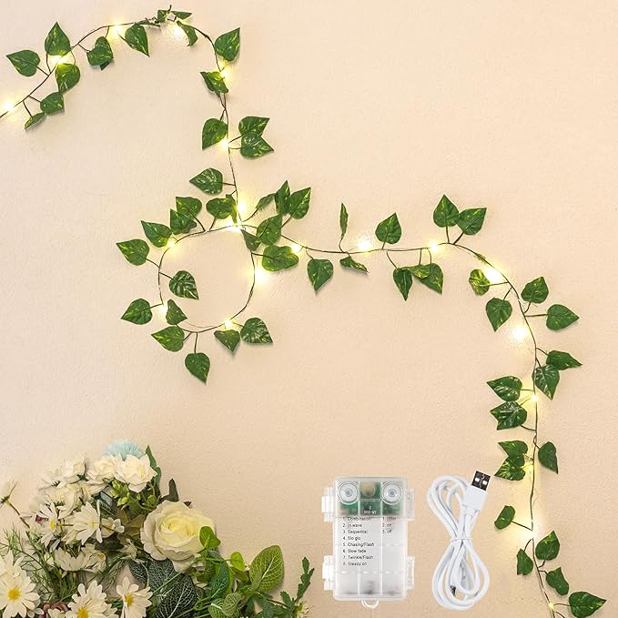 YOUNGAR Vine with Fairy Lights Battery/USB Operated,23ft 73 LED Pothos String Lights with Memory and Timer,Leaf Lights for Bedroom, Room, Garden, Party, Wedding,Wall Decor (Warm White)