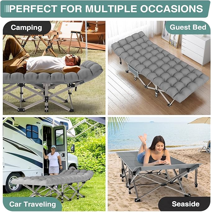 ZENPETIO 28In Folding Camping Cot for Adult, Portable Sleeping Cot with Mattress, Outdoor Heavy Duty Cot Bed for Camp with Carry Bag for Home, Office, Camp, Travel, Vacation(Max Loading 500lbs)