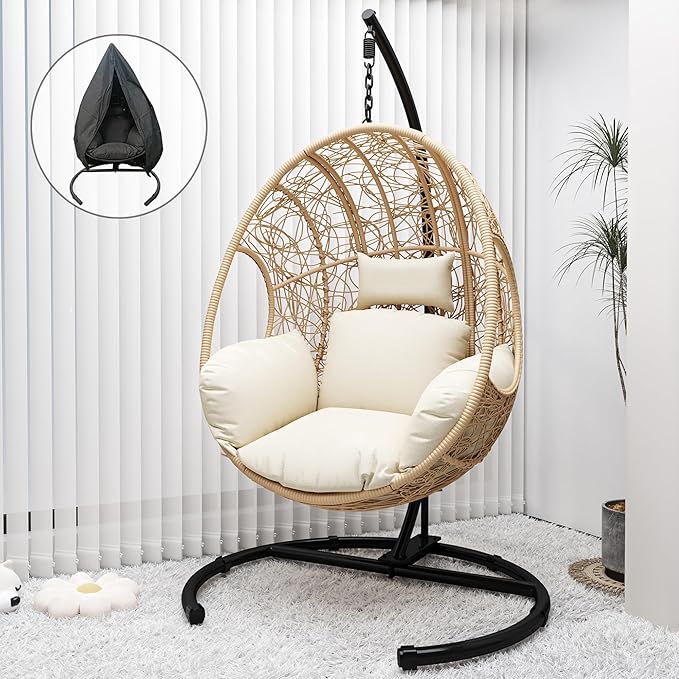 Hanging Egg Chair with Stand - Egg Swing Chair Outdoor Indoor Patio Wicker Chair Swing Hammock Egg Chairs 400lbs Capacity for Outside Patio, Bedroom, Garden and Balcony（Beige-Nest, 1PC）